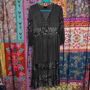 POL Washed Black Cotton/Poly Mix Long Sleeve Dress with Lace Size Small